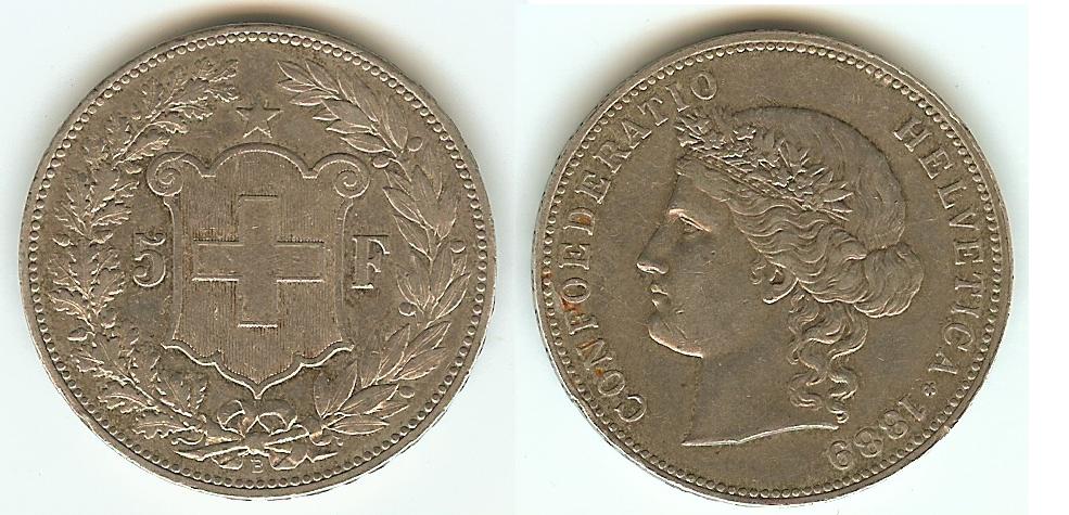 Swiss 5 Francs 1889B gEF